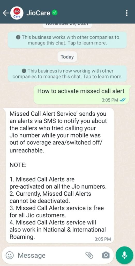 jio missed call alert service