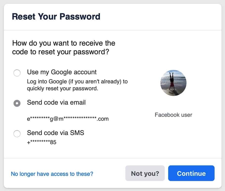 Facebook Reset Password screenshot